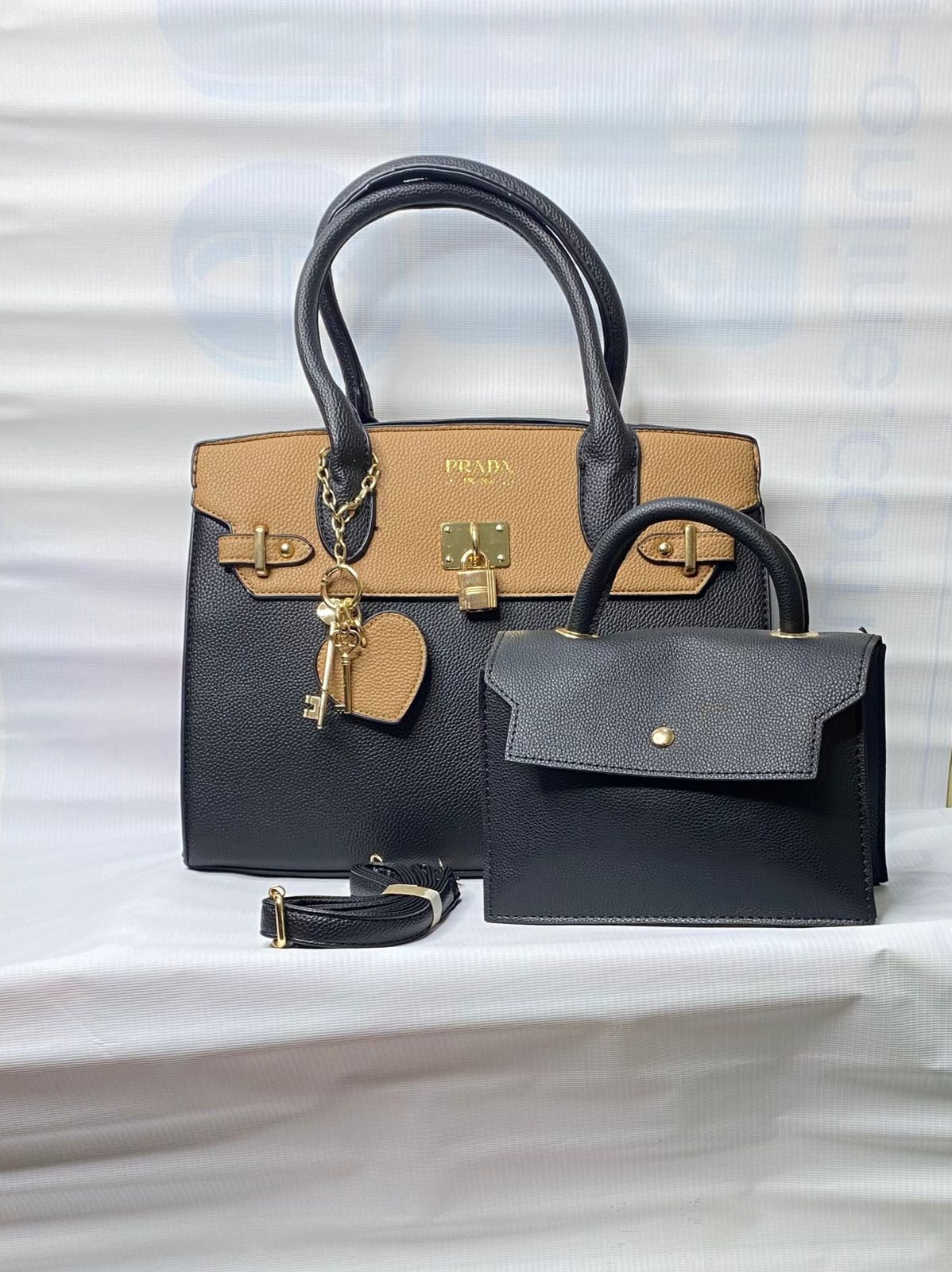 3 Piece Black & Beige Big Tote Bag